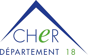 Logo avec un toit de maison, le texte 'CHER' en grande taille, 'DÉPARTEMENT 18' en dessous, et un toit stylisé en bleu