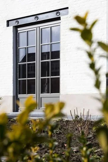 Fenêtre en verre avec cadre en métal noir, intégrée dans un mur blanc, avec des plantes en premier plan.