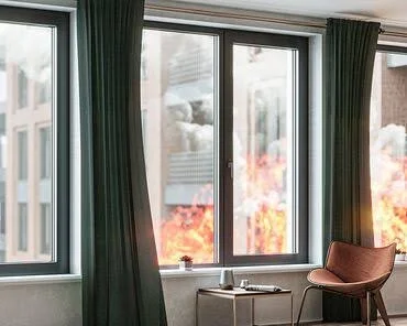 Une vue d'une pièce avec de grandes fenêtres, des rideaux verts, une table avec un livre et un objet, et une chaise rose