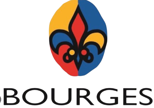 Logo avec un symbole de fleur de lis stylisée en rouge, jaune et bleu au-dessus du mot 'BOURGEs'
