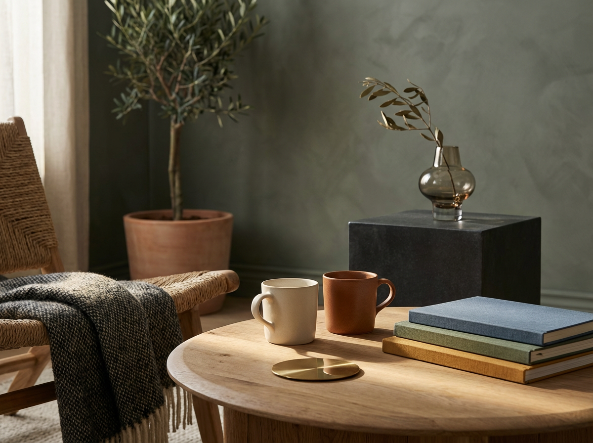 Cozy room with a round wooden table holding two coffee mugs, three stacked books, a decorative metal dish, and a small glass vase with plant. In the background, potted olive tree, woven chair with blanket, gray wall, and a black pedestal.