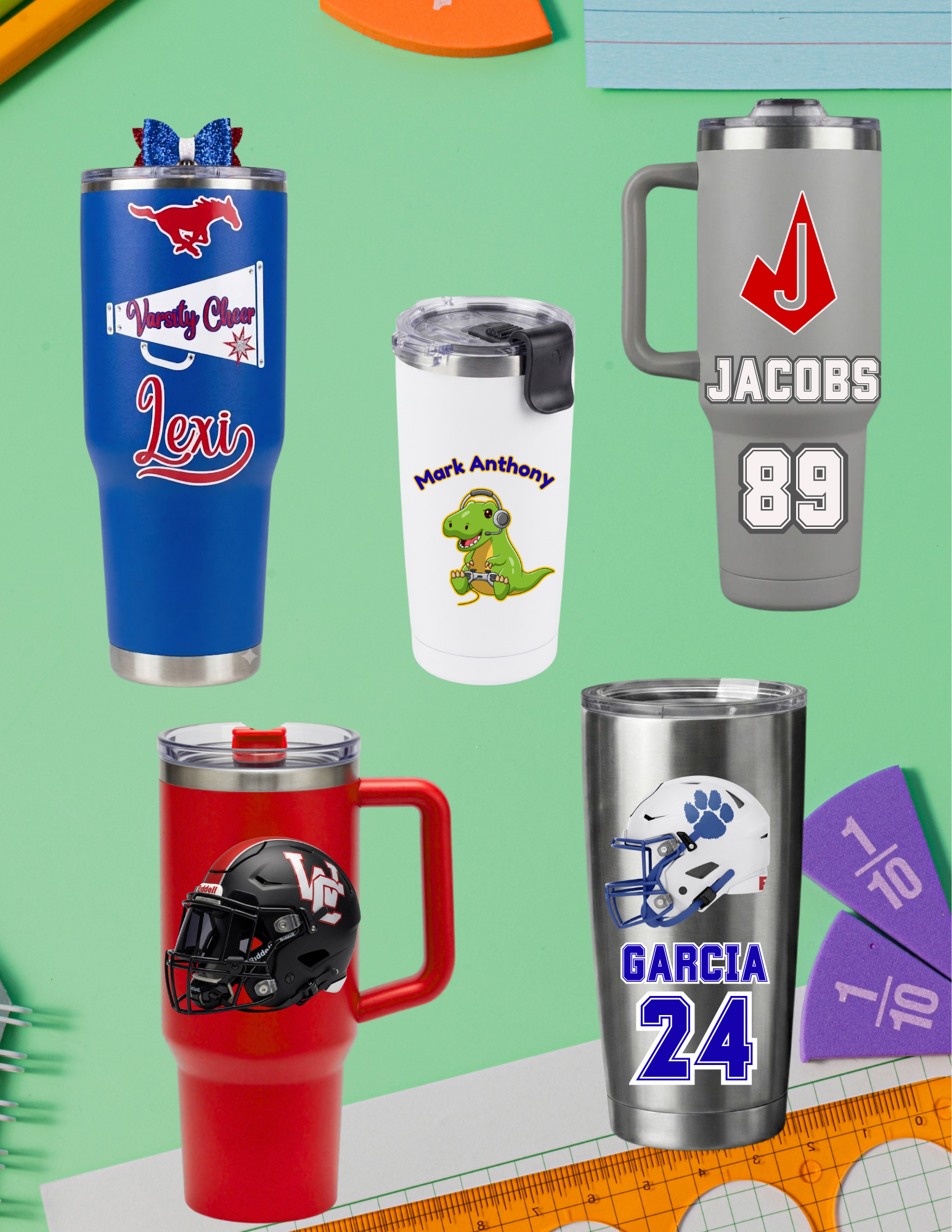 Custom gear, merchandise, T-Shirts, Caps, Logos, office equipment. Various personalized sports drink tumblers, a football helmet, a purple resistance band, and measuring tools on a craft or workspace surface.