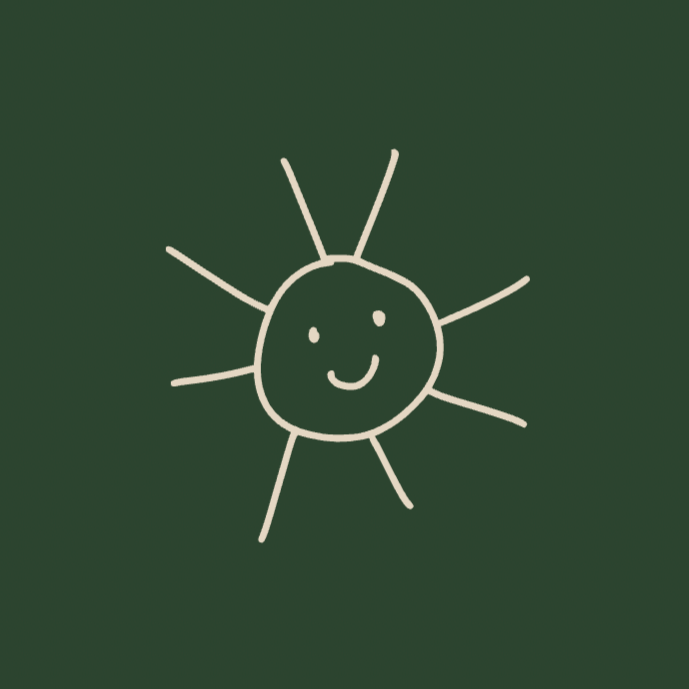 Child's drawing of a smiling sun with rays on a dark green background.