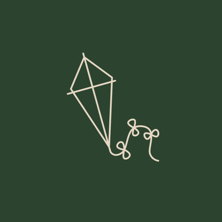 Line drawing of a diamond-shaped kite with a tail made of loops on a dark green background.