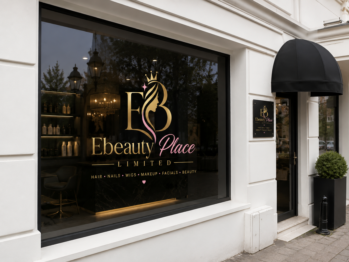 Storefront of Ebeauty Place Limited, a beauty salon with large glass windows and a black awning. The window displays the salon's logo with a silhouette of a woman's face and flowing hair, along with services listed such as hair, nails, wigs, makeup, facials, and beauty.
