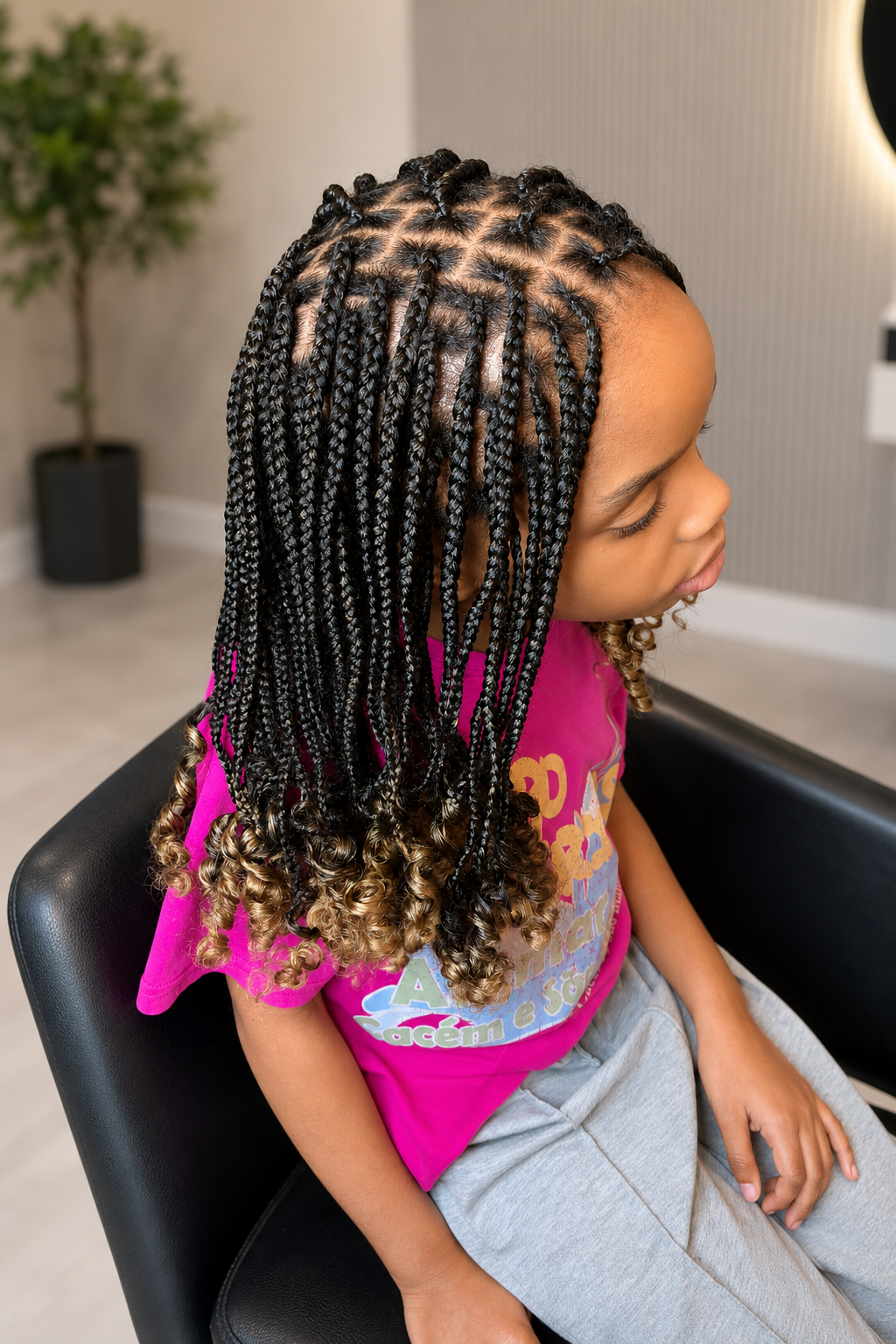 A young girl with long, braided hair featuring curl ends, sitting in a salon chair.