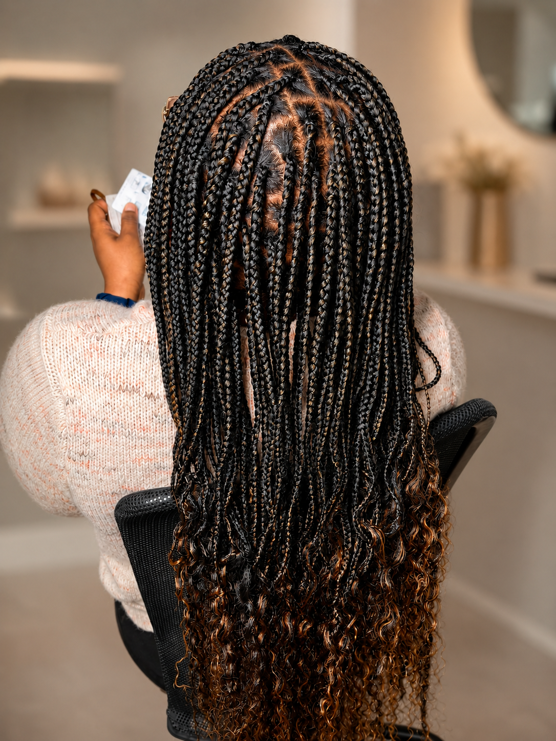 Back view of a person with long black and brown braided hair sitting on a black chair in a salon or similar setting.
