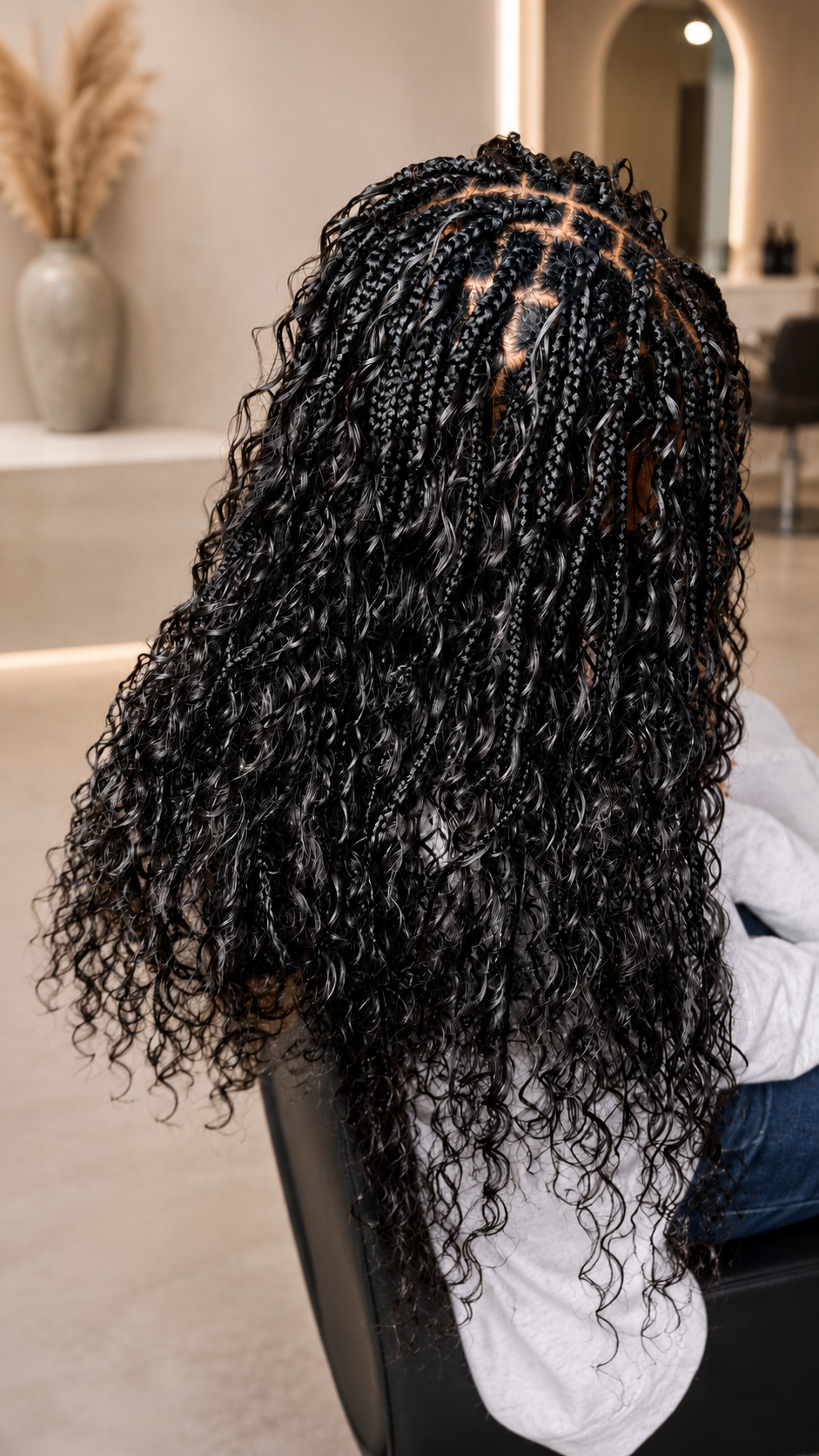 Close-up of a person with long, black, curly hair sitting in a salon chair.