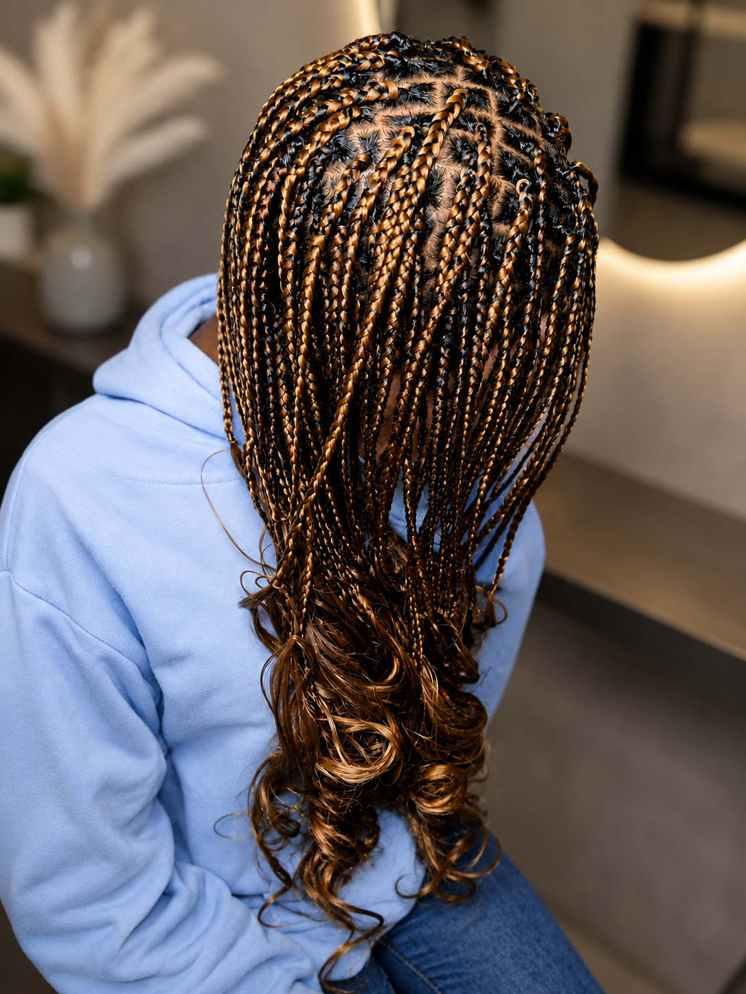 Person with long, intricately braidered hair, wearing a gray hoodie, sitting indoors.