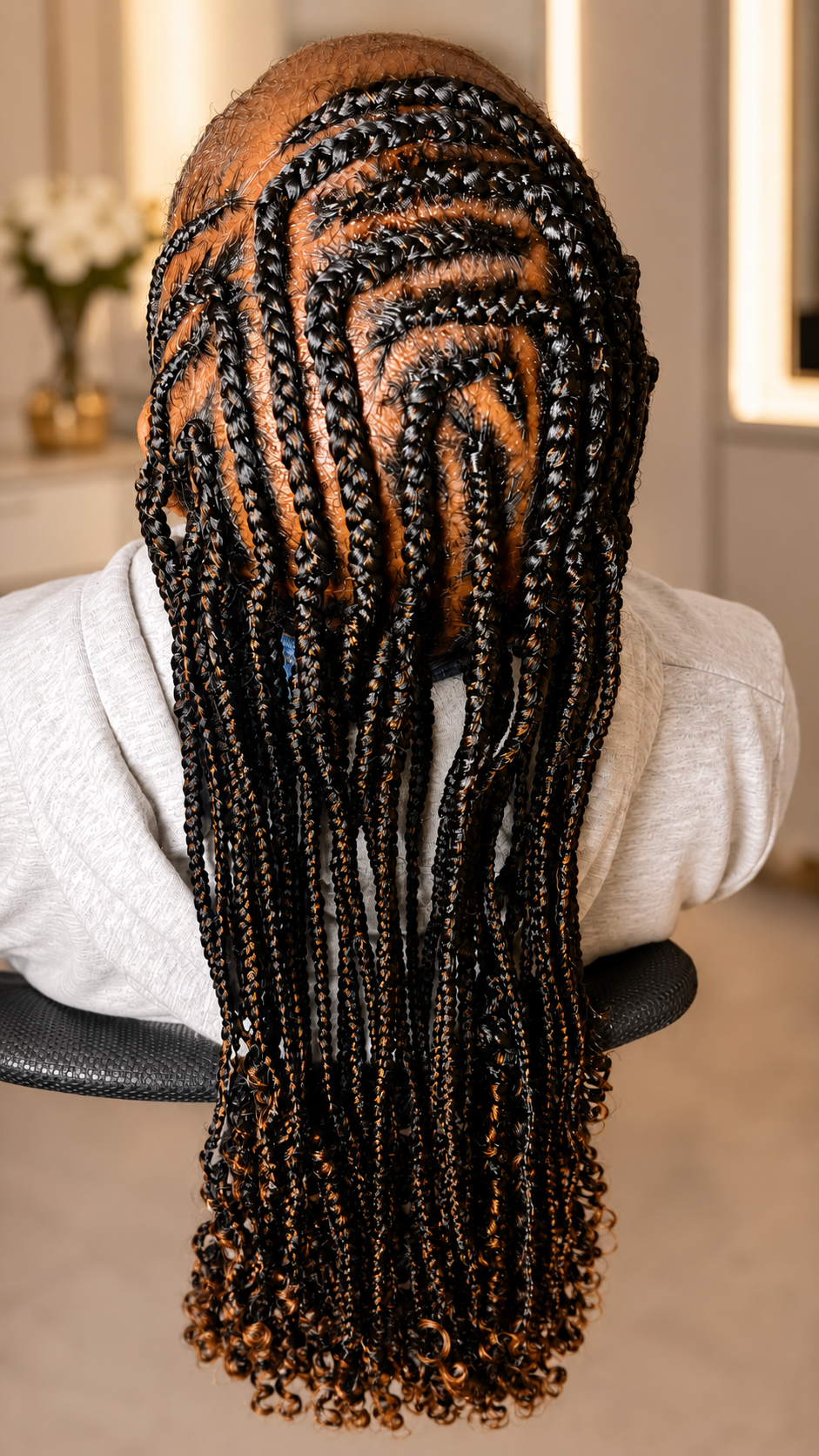 Person with long, twisted, black and brown braids sitting in a room with blurred background.