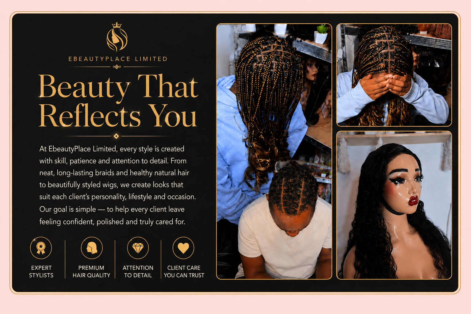 Advertisement for EbeautyPlace Limited featuring images of women with styled hair and wigs, with headline 'Beauty That Reflects You' and info about their services.