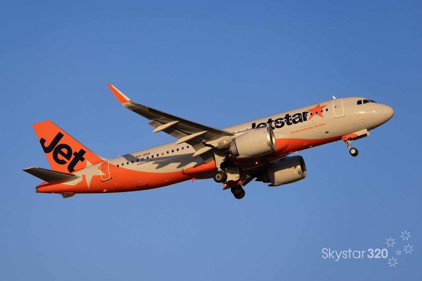 Jetstar A321NX VH-A5A glimmers in the afternoon sunset at Melbourne Australia