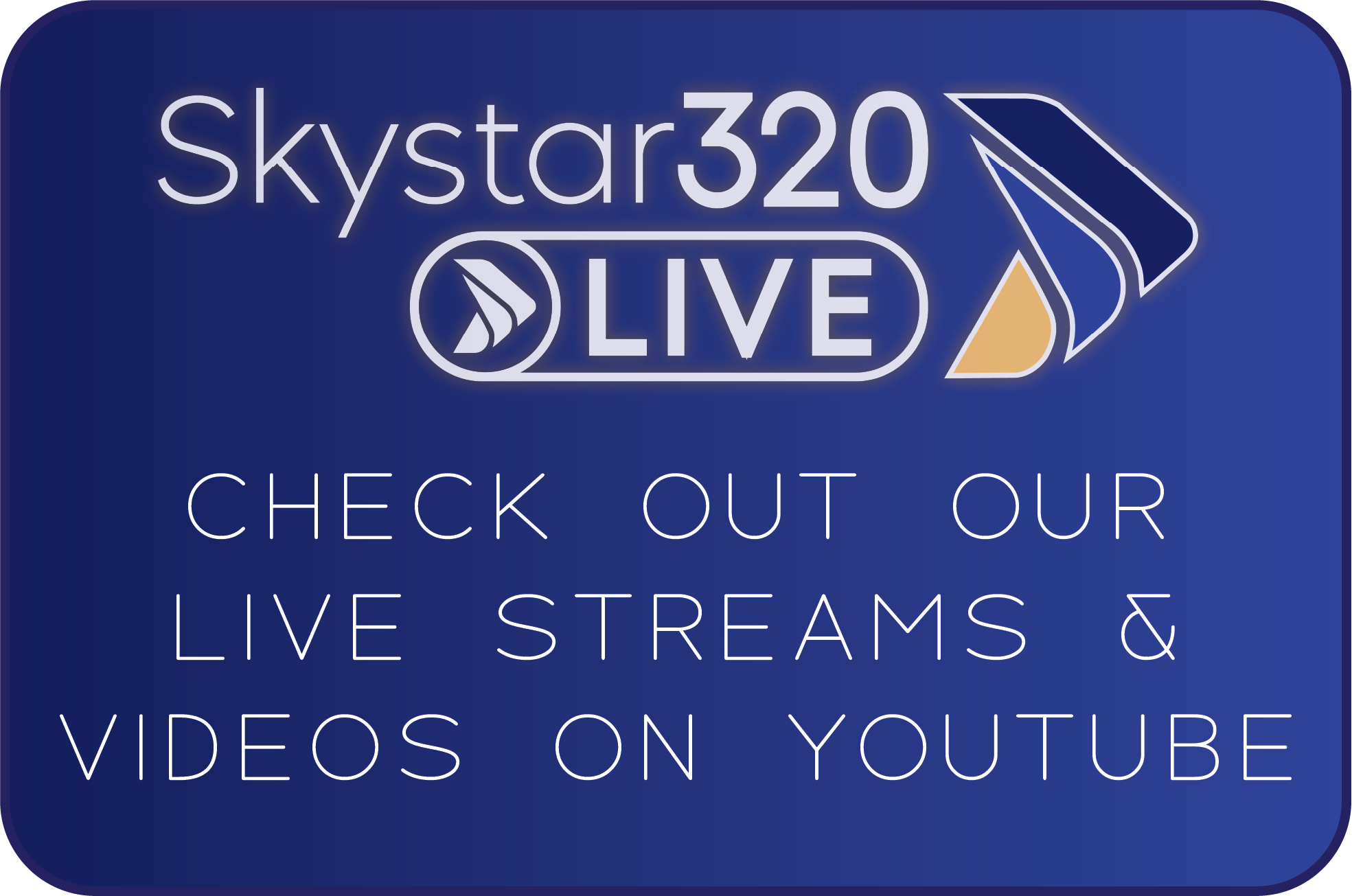 A promotional graphic for skystar320 OLIVE advertising live streams and videos on YouTube with a blue background and white and gold text.