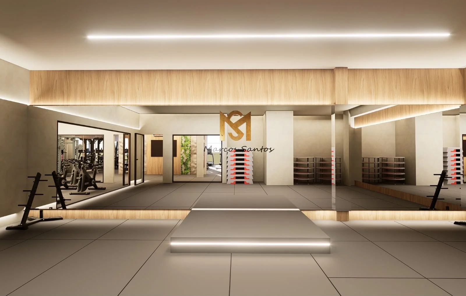Visualização de uma academia moderna com espelhos, equipamentos de ginástica e áreas de armazenamento, com iluminação suave e decoração em tonalidades neutras e madeira.