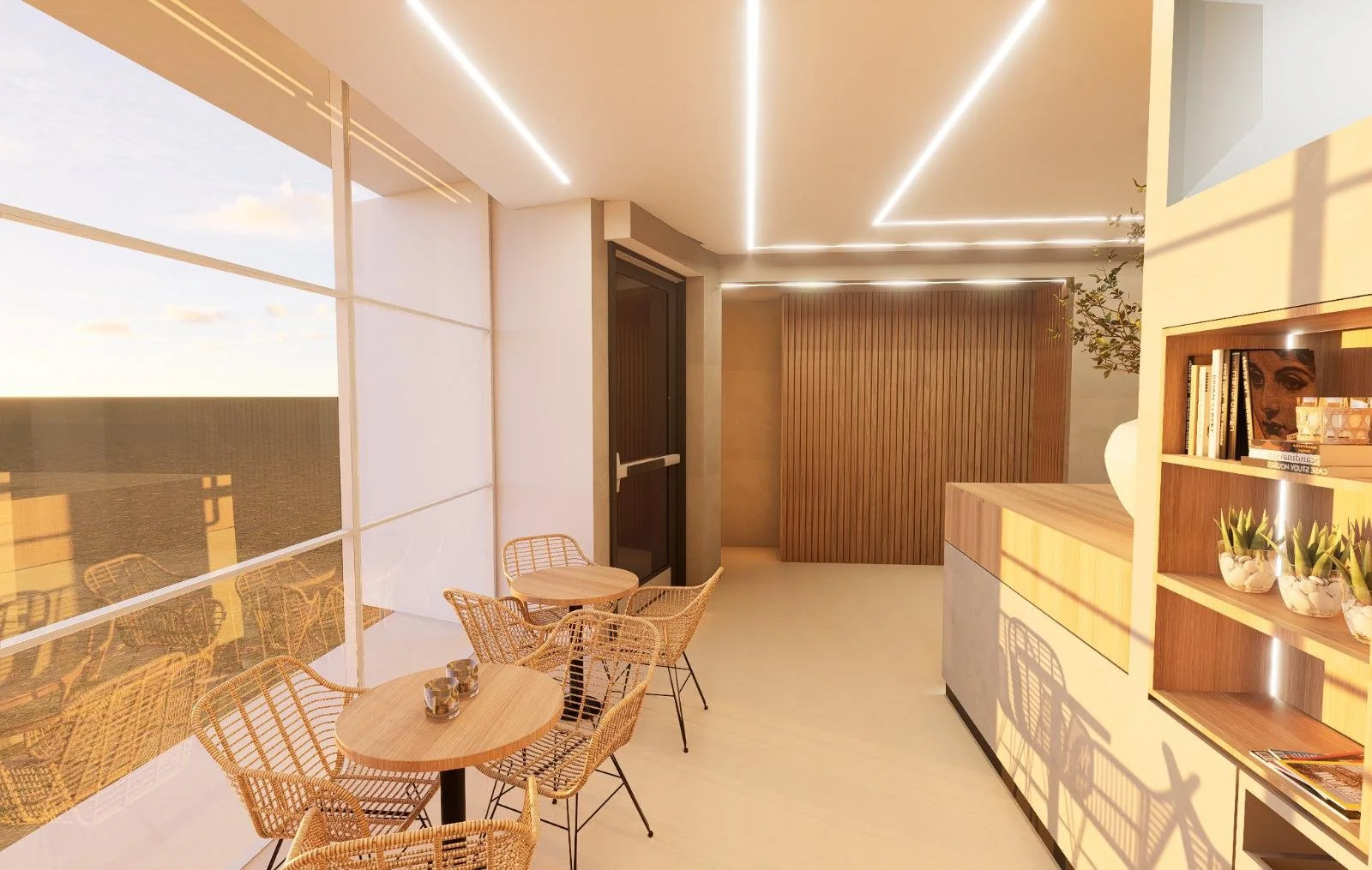 Sala com mesas de vidro e cadeiras de vime, paredes de vidro com vista para o céu, iluminação moderna embutida no teto, decoração com livros e plantas.
