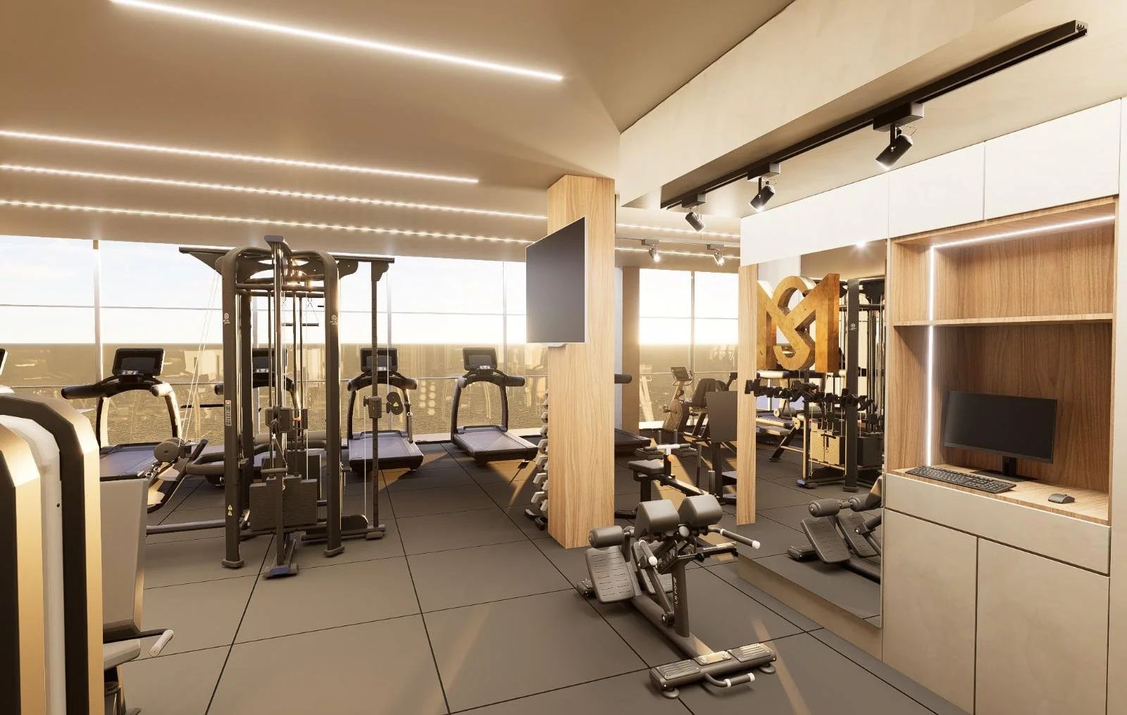 Academia moderna com diversas máquinas de ginástica, como esteiras e equipamentos de musculação, com iluminação de LED e janelas grandes permitindo luz natural.