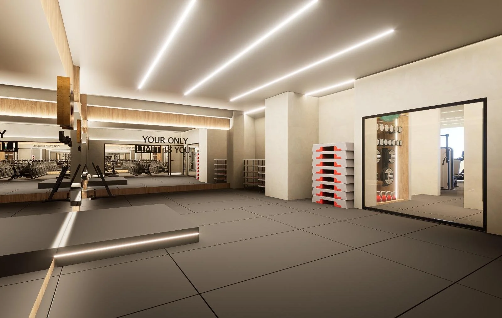 Interior de academia moderna com espelhos, equipamentos de musculação, pesos e área de treino funcional, iluminação suave e decoração minimalista em tons neutros.
