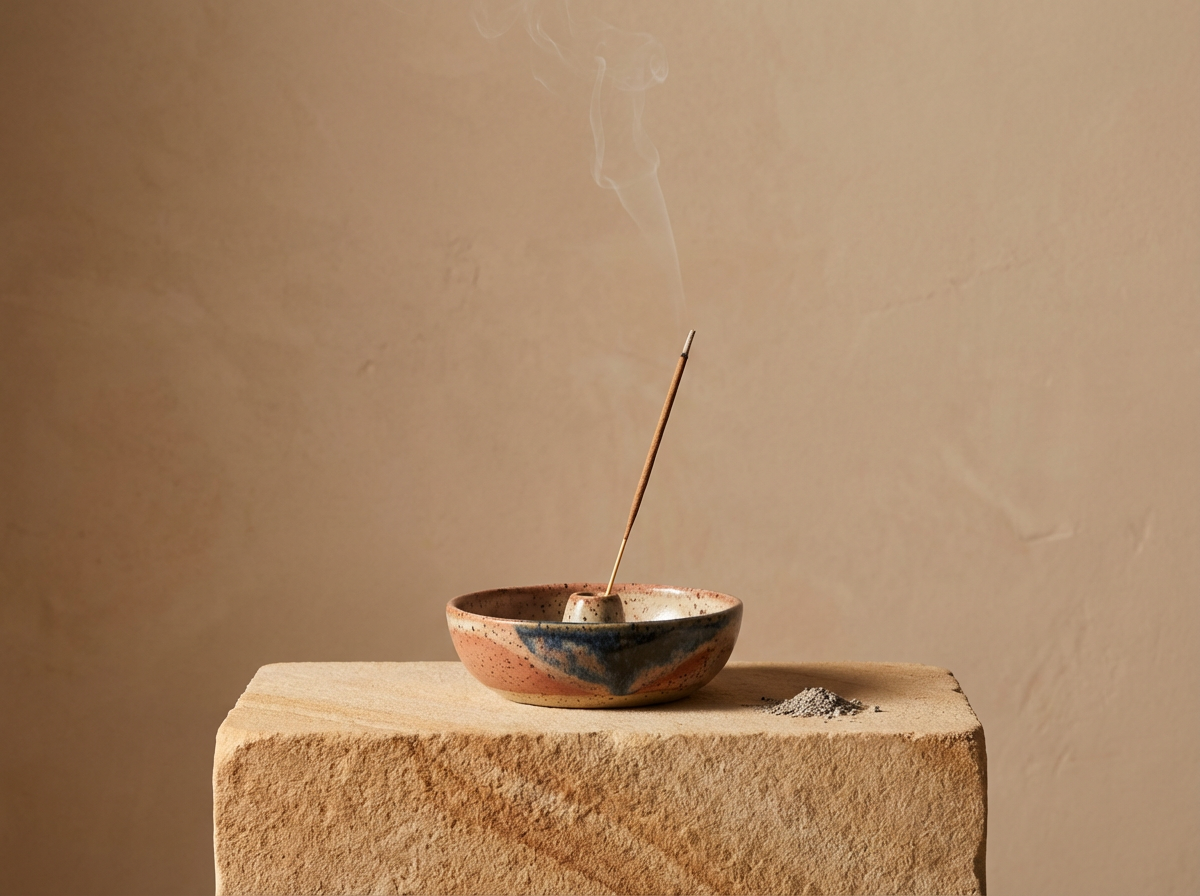 A ceramic ashtray with a cigarette resting in it, emitting smoke. The ashtray is on a rough, beige stone surface against a plain, beige background.
