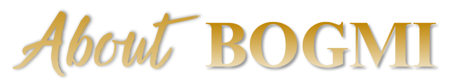 Text that says "About BOGMI" in stylized gold and black font.
