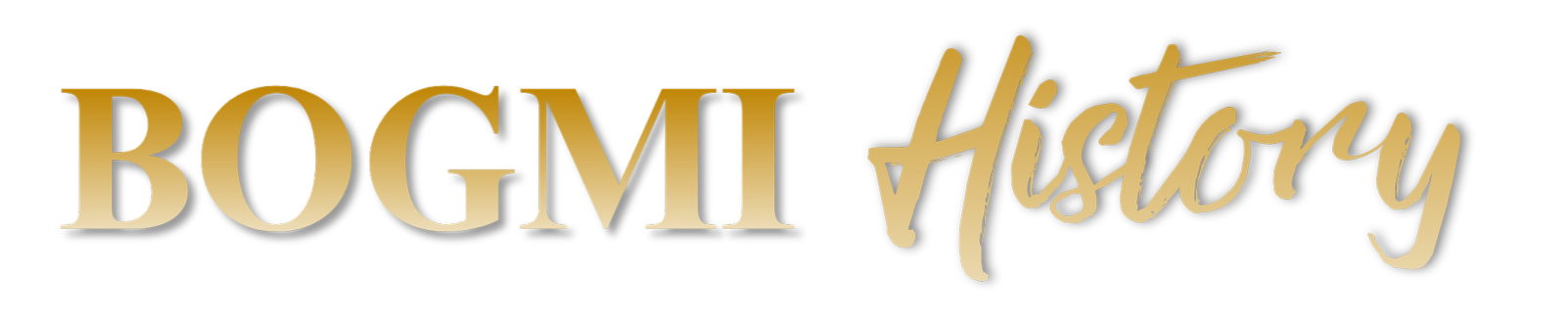 Text reading 'BOGMI History' in gold and brown gradient on a transparent background.