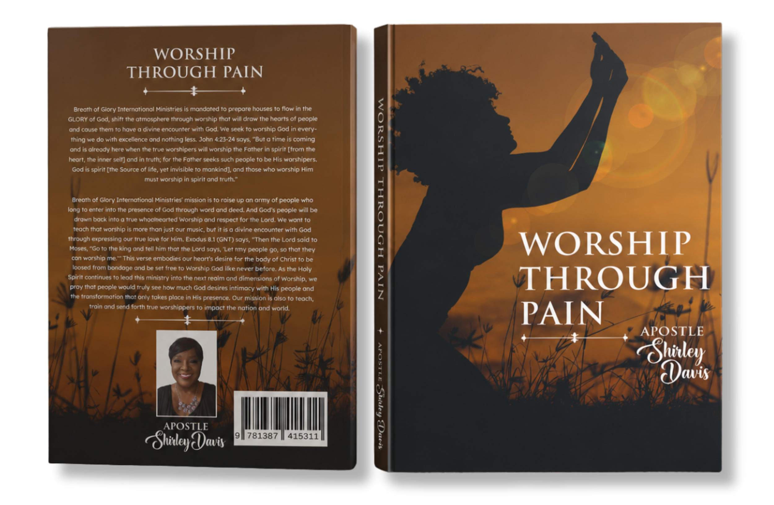Front and back view of a book titled 'Worship Through Pain' by Shirley Davis, featuring a silhouette of a person praying against an orange and yellow sunset background with silhouettes of grass and flowers.