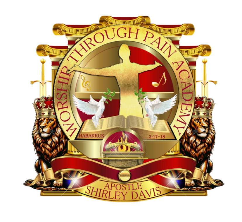 A religious emblem with a central figure of a person with outstretched arms, surrounded by symbols of peace and faith, including doves, a Bible, feathery flames, and a crown. The emblem features lions wearing crowns on either side, with a banner reading 'APOSTLE SHIRLEY DAVIS' and the phrase 'WORSHIP THROUGH PAIN AND ACADEMY' around the top.