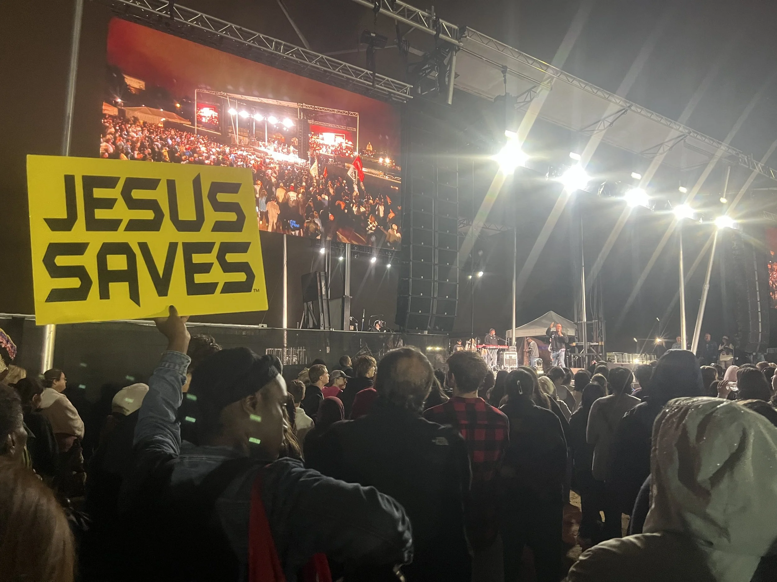 JESUS SAVES flags waving at the communion america event revival all 50 states 