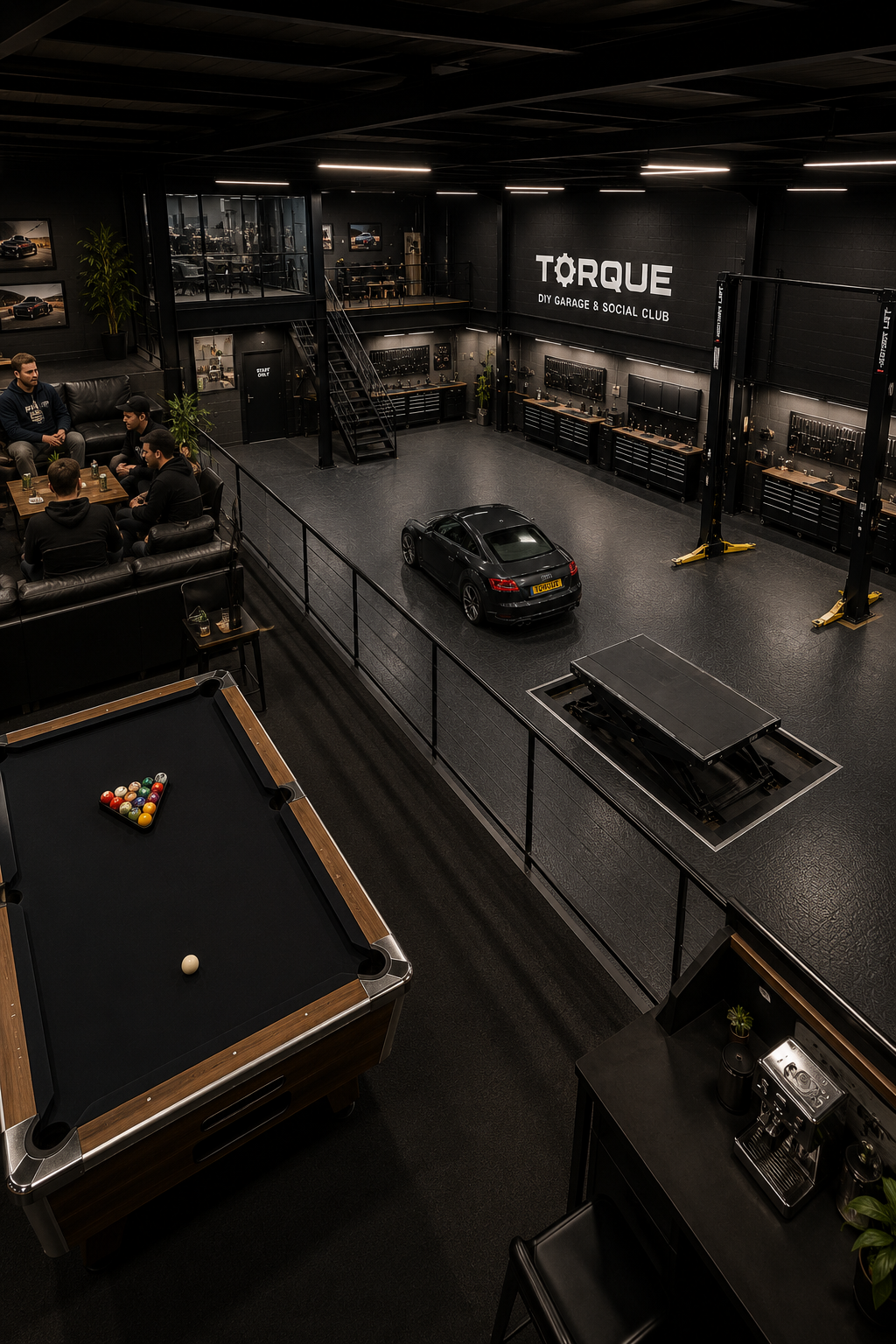 Inside a modern garage and social club with a pool table, a small sports car, a car lift, and seating area where people are socializing.