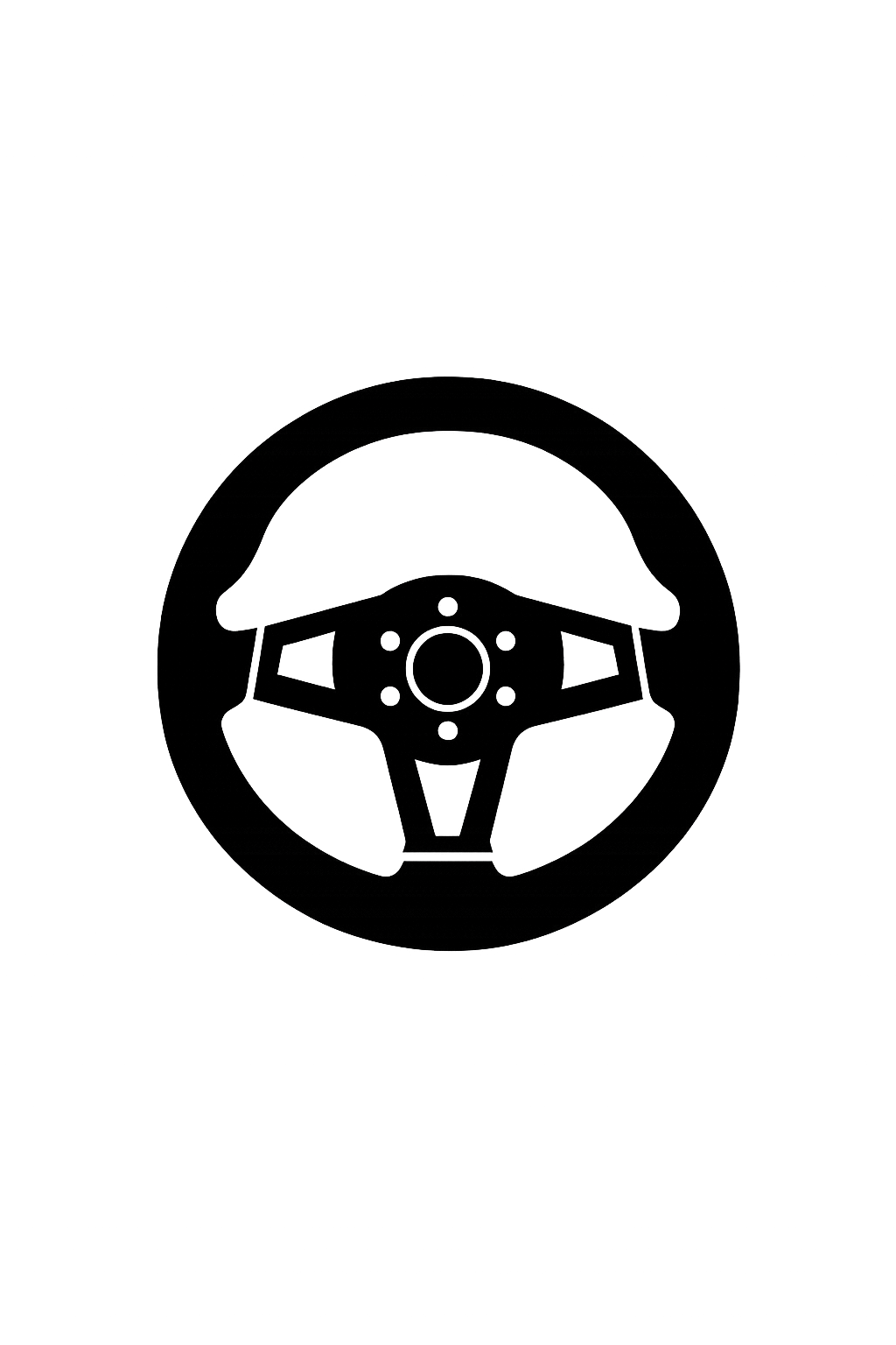 Front view of a car steering wheel with technical specifications and data around it.