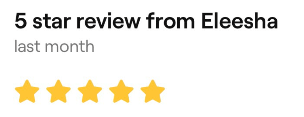 Screenshot of a five-star review from Eleesha, showing five yellow stars and the text '5 star review from Eleesha last month'.