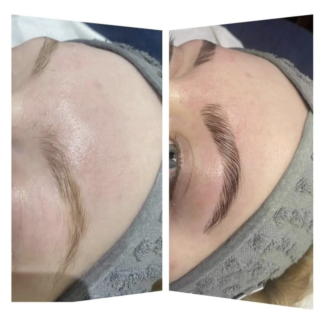 Before and after images of eyebrow microblading, showing fuller, more defined eyebrows in the after image.