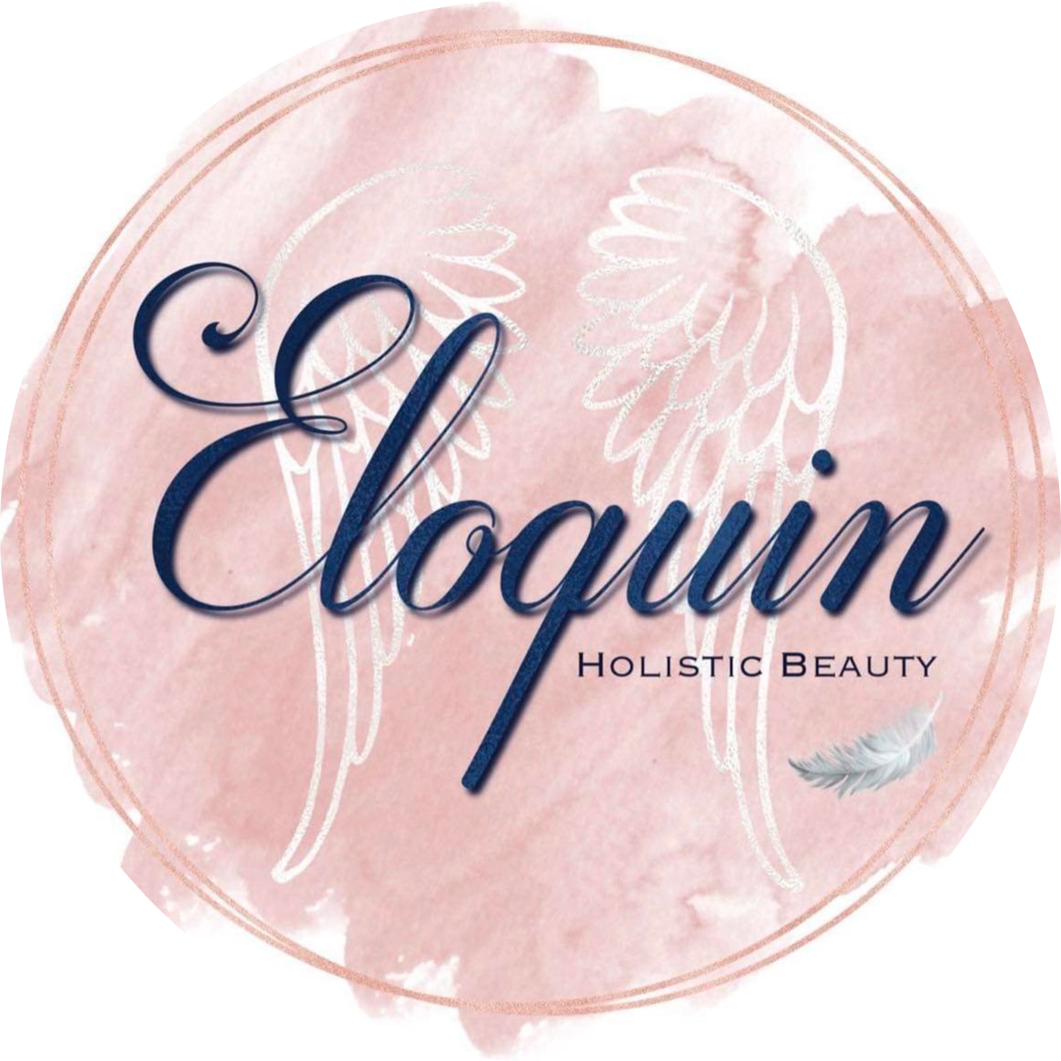 Pink circular logo with white angel wings and a feather, featuring the words 'Glowin Holistic Beauty' in elegant navy blue script.