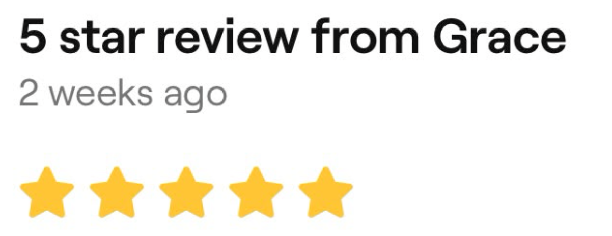 A five-star review for Grace's service or product, posted two weeks ago.