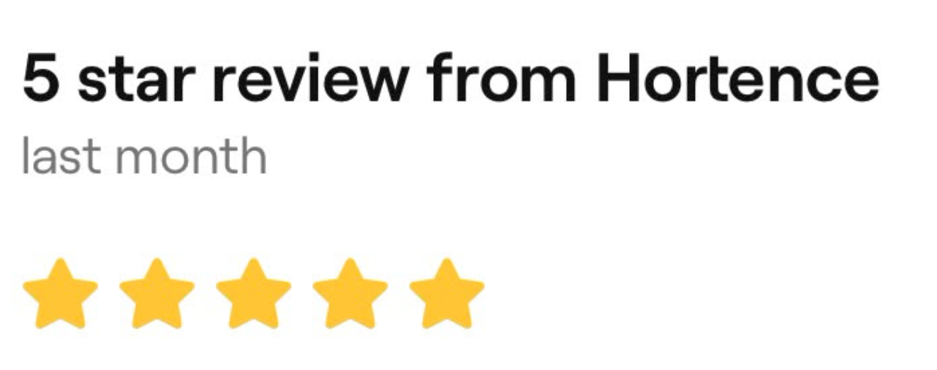 Screenshot of a 5-star review from Hortence for a service or product, rated last month.