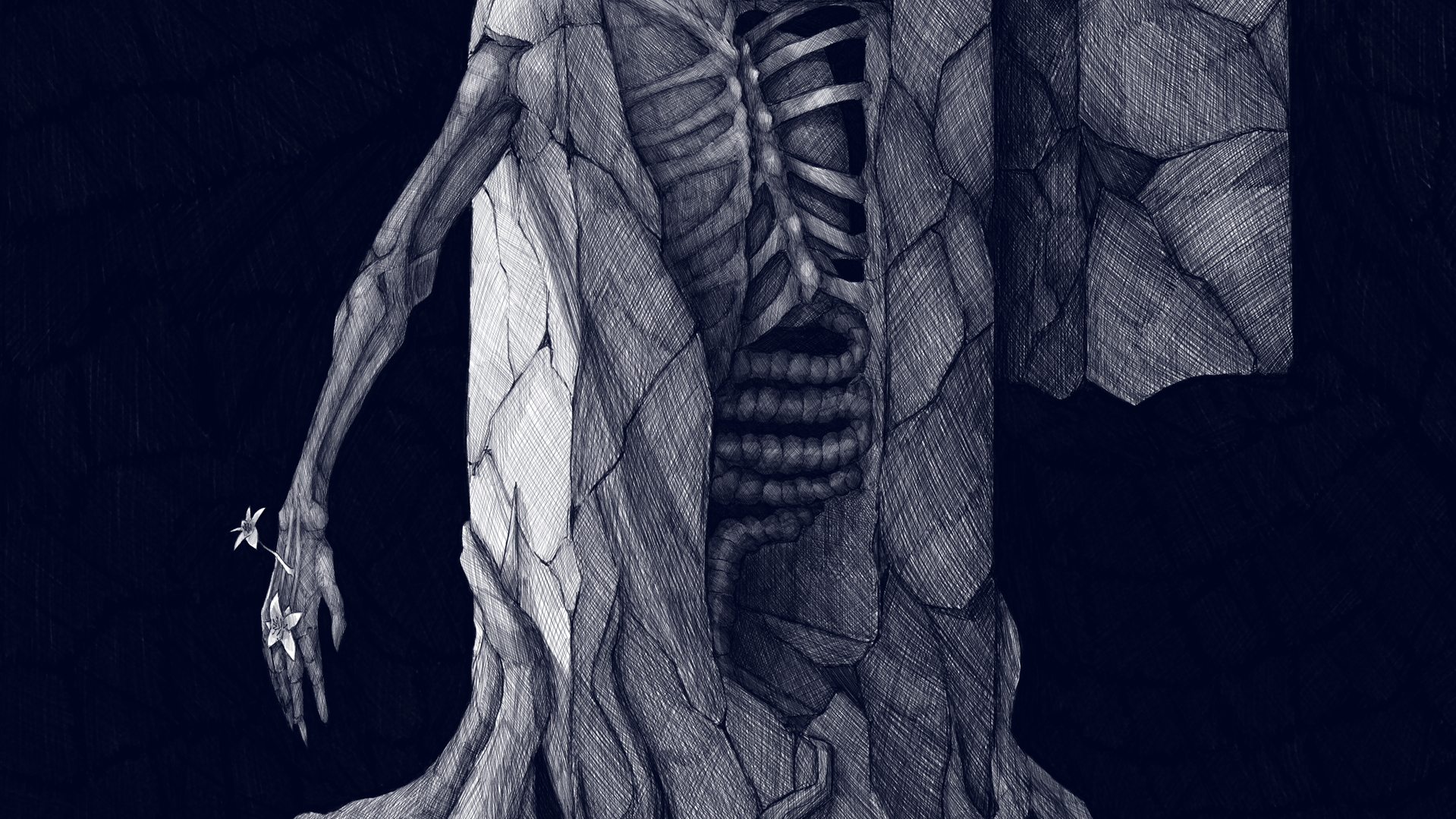 Illustration d'une silhouette humaine avec des ombres et des lignes détaillées, entourée de morceaux de roches et de fleurs dans un style artistique noir et blanc.