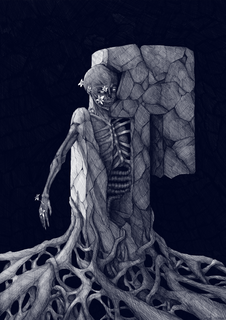 Représentation artistique d'un squelette avec des fleurs dans la tête, semblant sortir d'une structure rocheuse ou en bois, avec des racines s'étendant au sol, en style graphique monochrome.