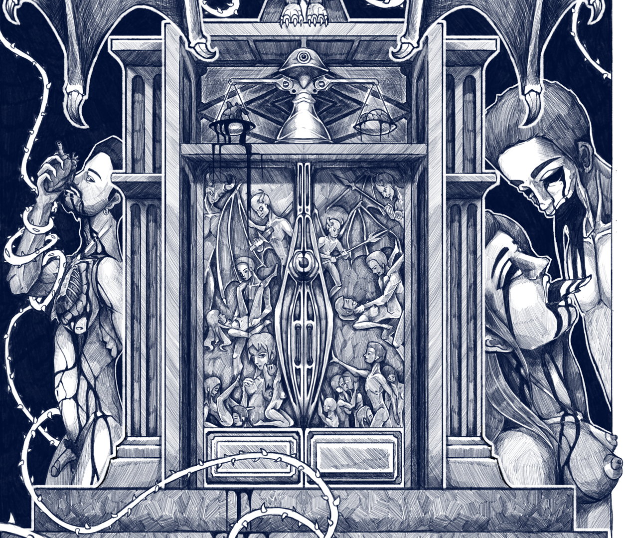 Illustration en style noir et blanc représentant une scène fantastique avec des figures humaines et fantastiques, des créatures ailées, des éléments mécaniques, et deux personnages principaux se regardant intensely.