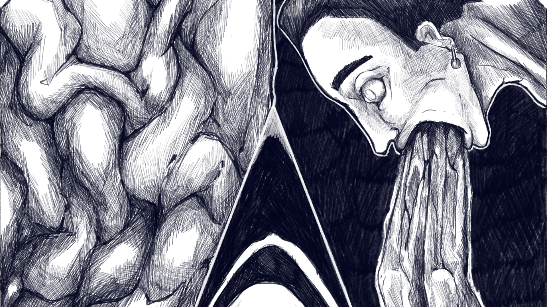 Dessin en noir et blanc de deux personnes avec des mains proches, l'une avec un bras croisé et l'autre portant un masque