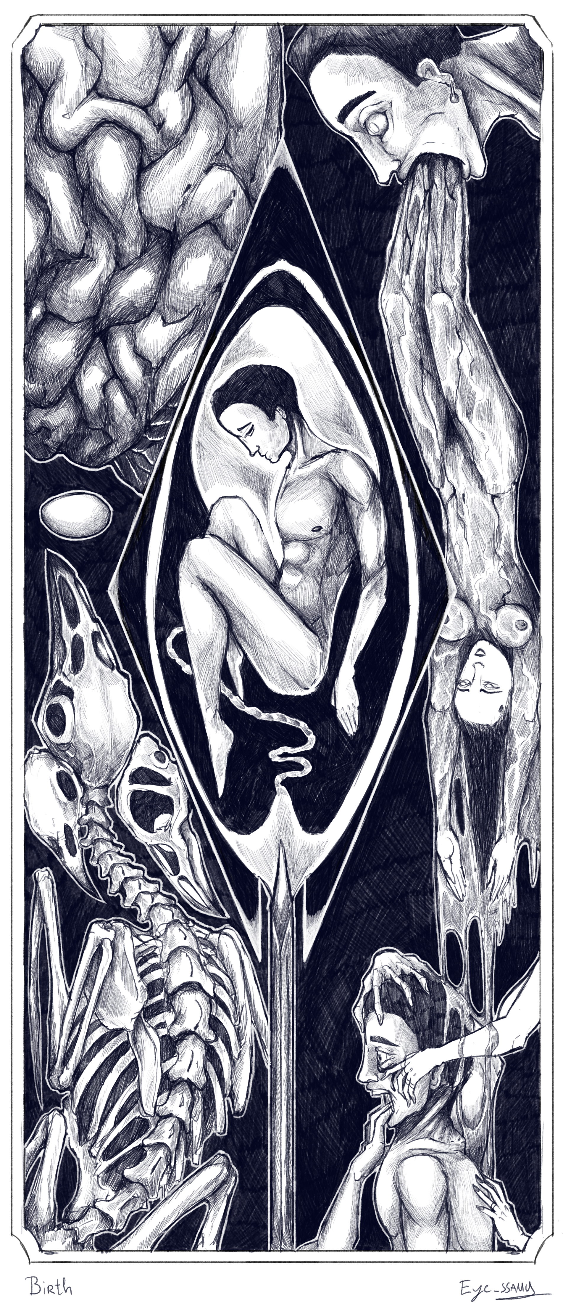 Une illustration en noir et blanc représentant des figures humaines et des éléments anatomiques comme des crânes, des squelettes et des organes, avec deux femmes nues dans des poses expressives et contemplatives.