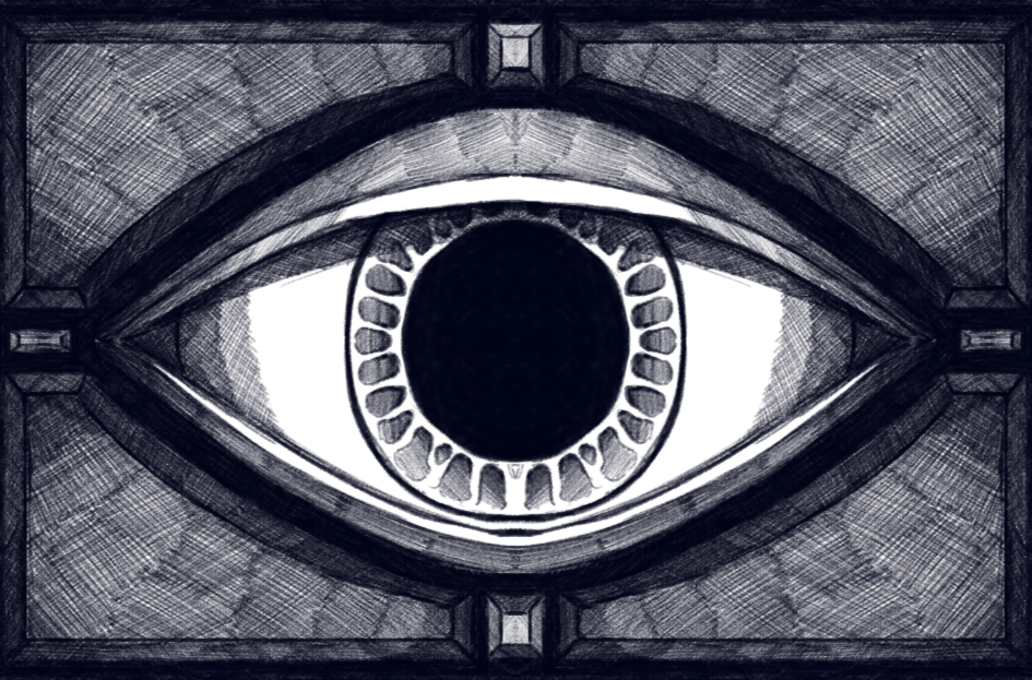 dessin en noir et blanc d'un œil stylisé encadré, avec détails dans l'iris et la paupière