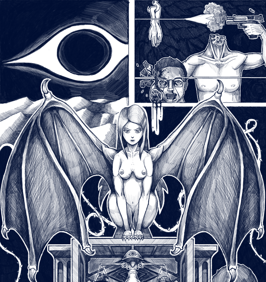 Illustration en monochrome représentant une créature humanoïde avec des ailes de chauve-souris, une femme nue à la posture intense, un œil géant dans le ciel, et en arrière-plan plusieurs scènes de violence et de chaos avec un personnage tirant à balle réelle.