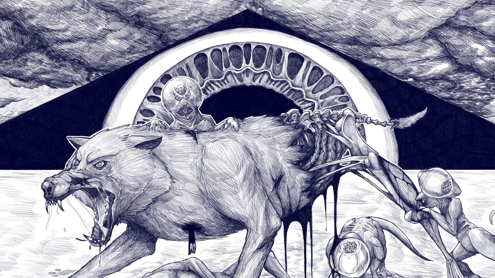 Illustration sombre d'une créature mi-loup, mi-dragon avec un squelette derrière, dans un paysage apocalyptique avec un ciel nuageux.