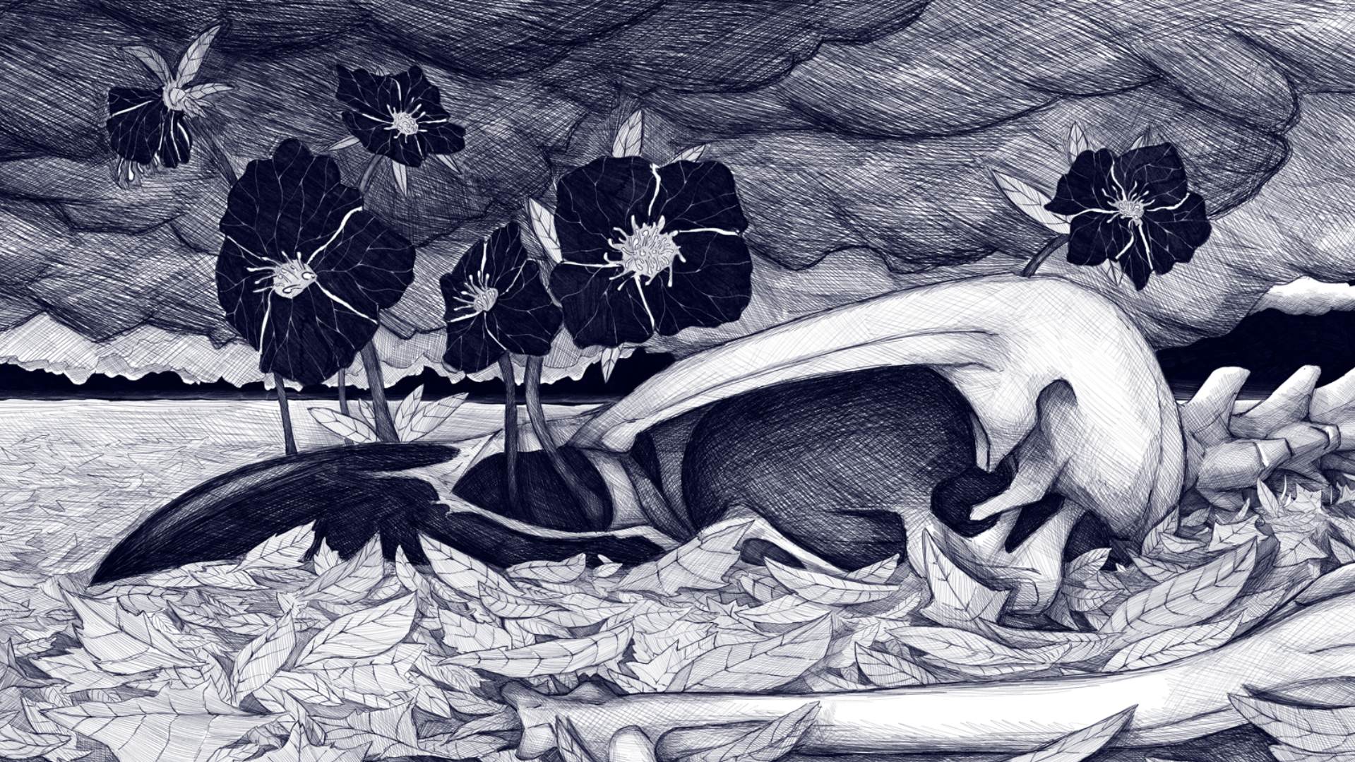 Une illustration en noir et blanc d'une main humaine tenant une tête de mort, entourée de fleurs et de feuilles.