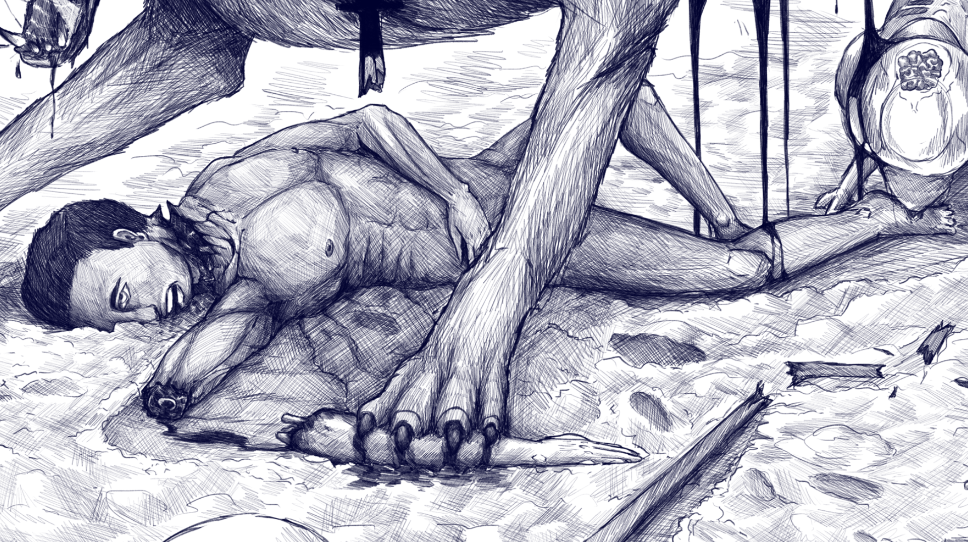 Esquisse en style de croquis montrant une scène sombre avec un personnage humain allongé sur le sol, un ours juste à côté, et un arbre ou un support en bois.