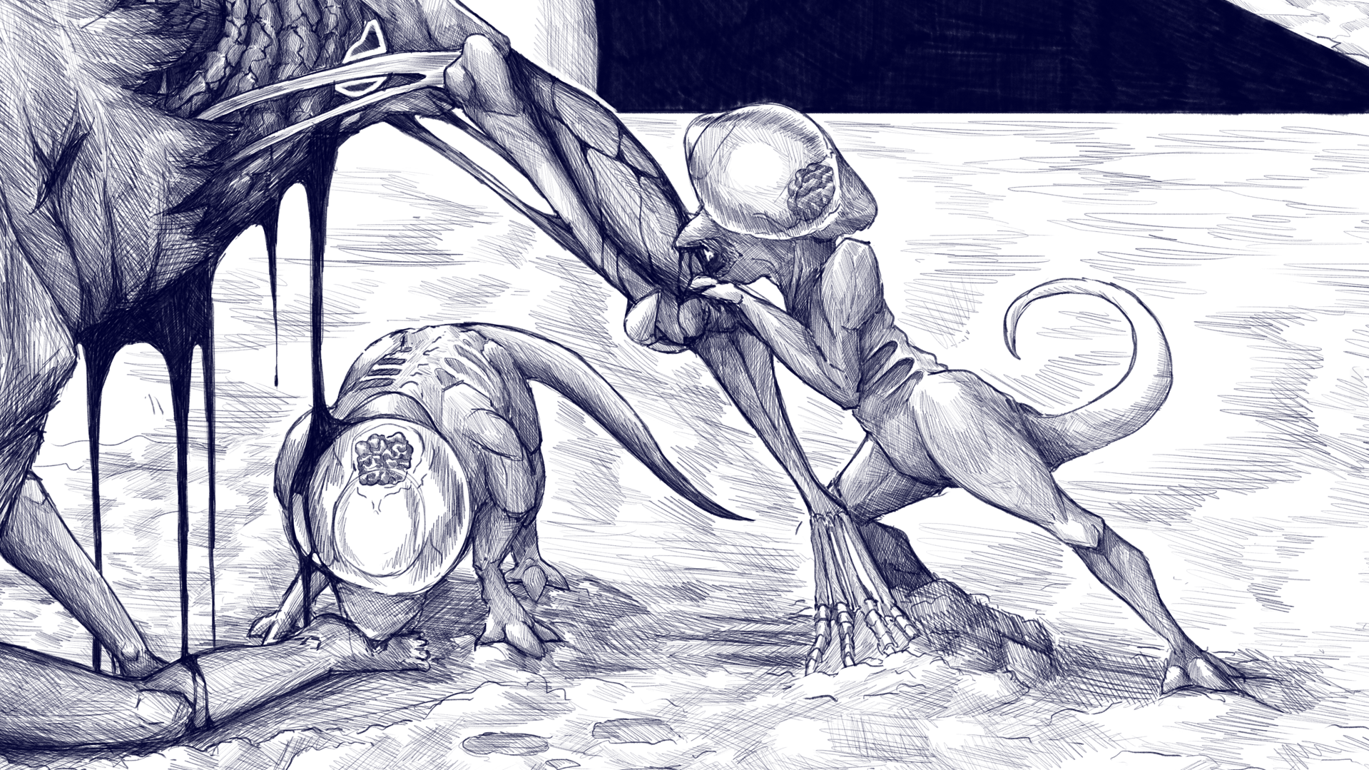 Dessin en esquisse de deux dragons anthropomorphes à la peau écailleuse, avec de longues queues, ailes, cornes et griffes, dans un paysage avec un fond texturé.