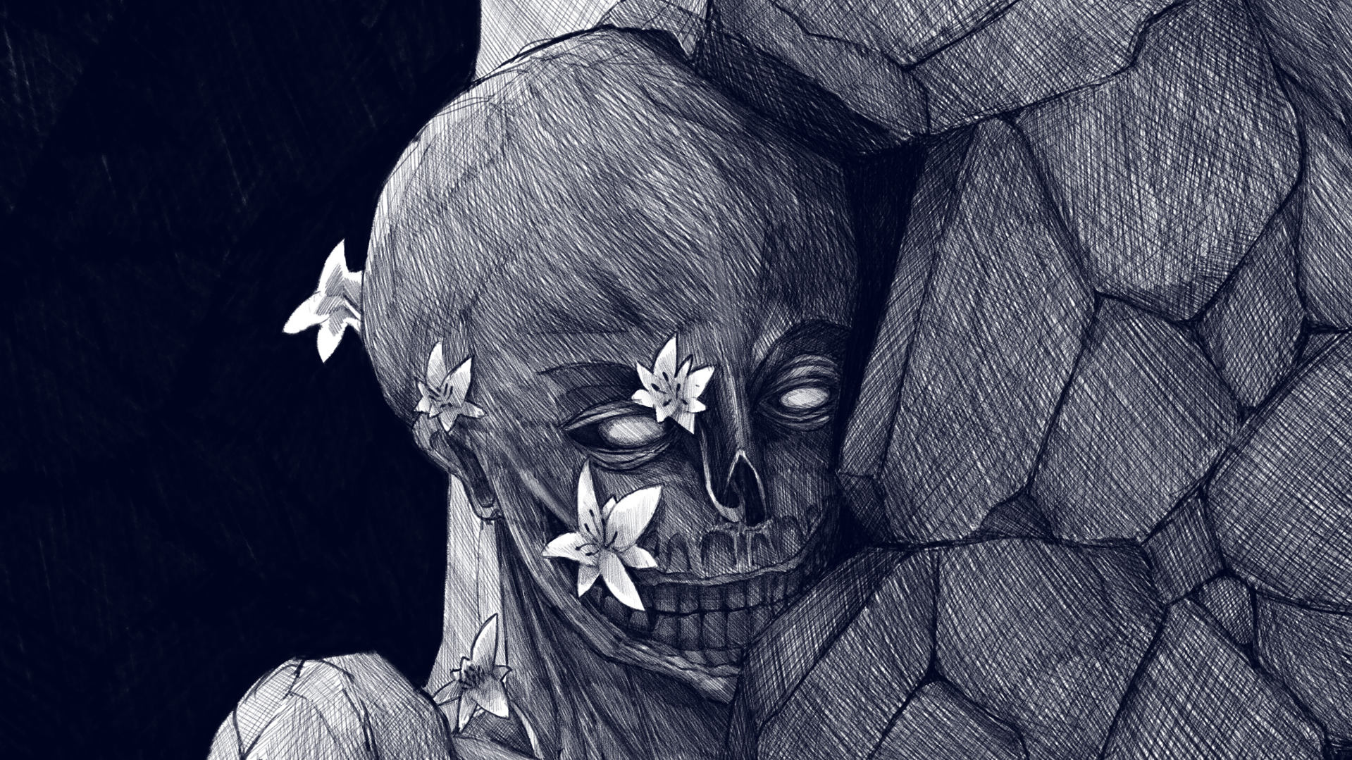 Une illustration en noir et blanc d'un crâne humain entouré de fleurs, avec une texture pointillée.