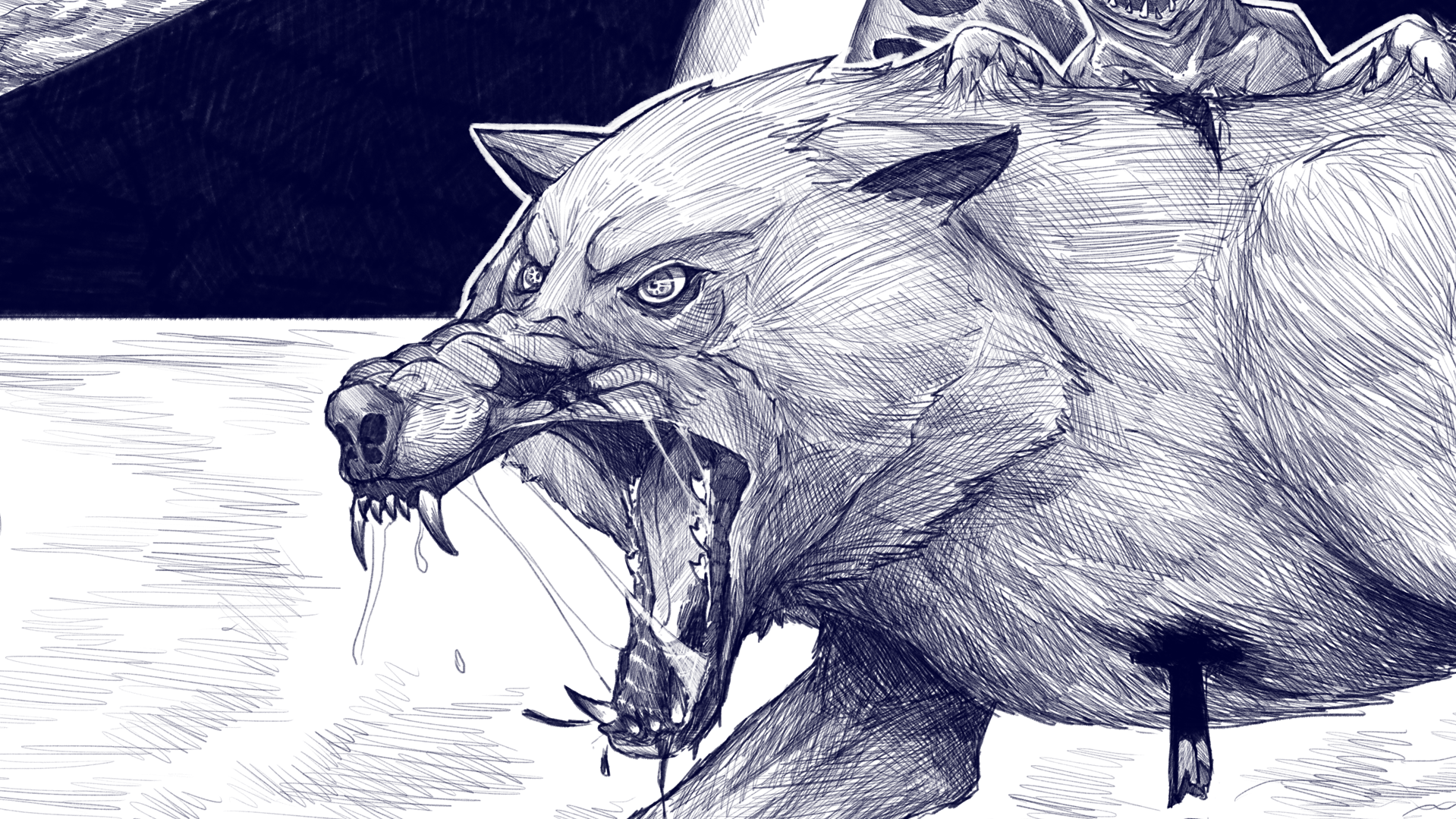 Dessin d'un loup en train de hurler, réalisé avec des lignes croisées en style graphique monochrome.