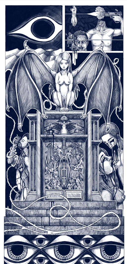 Une illustration complexe en noir et blanc avec une femme ailée au centre, entourée de diverses figures et symboles mystérieux, dont un œil géant, un homme armé, et des motifs surréalistes.