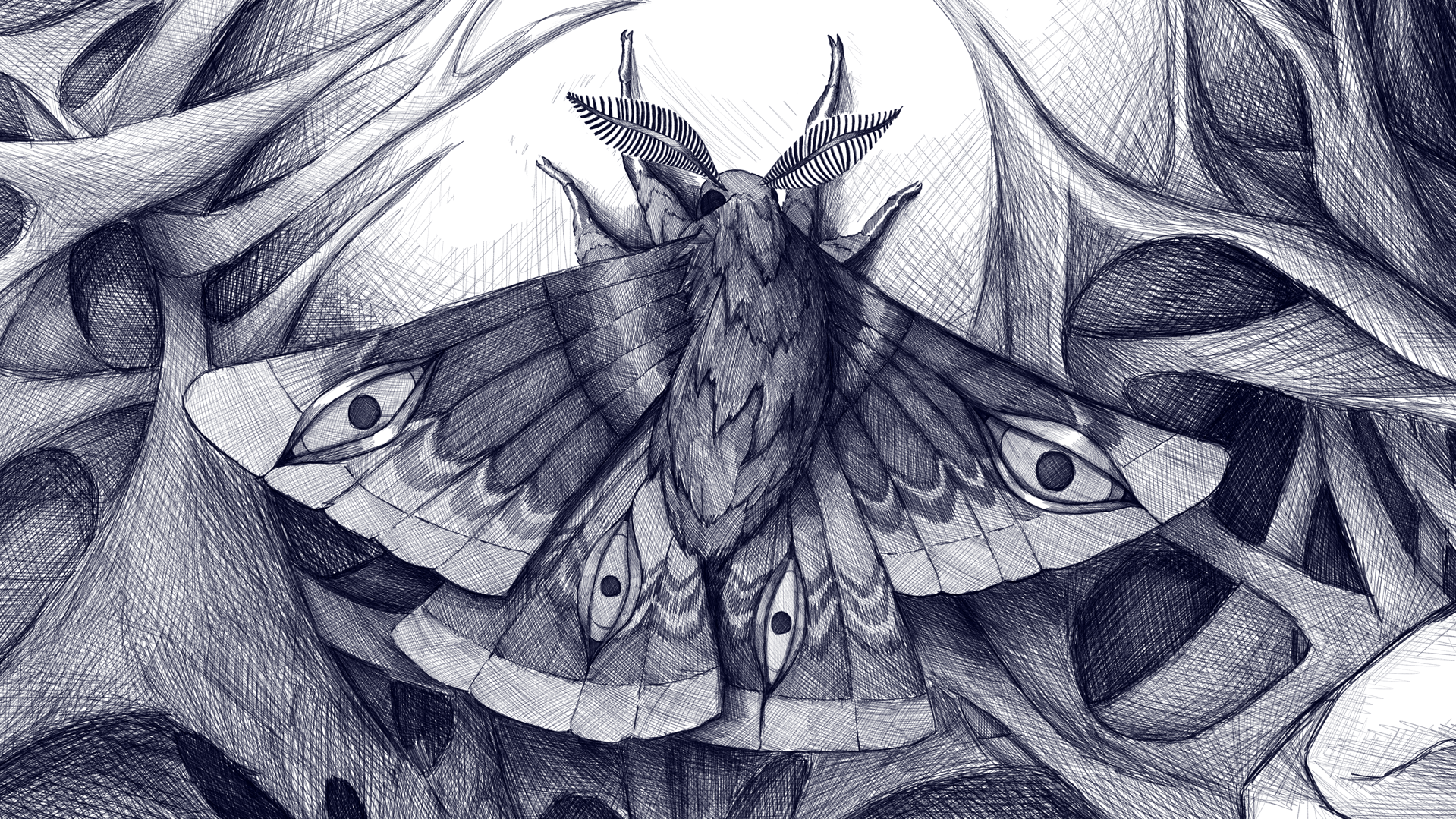 Dessin en noir et blanc d'un papillon posé sur des feuilles.