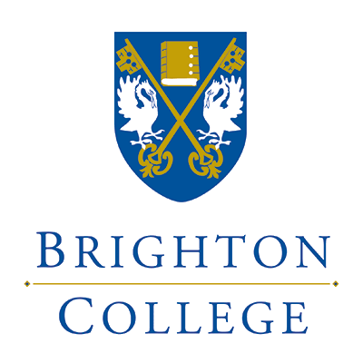 Brighton College crest featuring two white griffins holding crossed keys and a book on a blue shield with gold accents, and the text 'Brighton College' below.